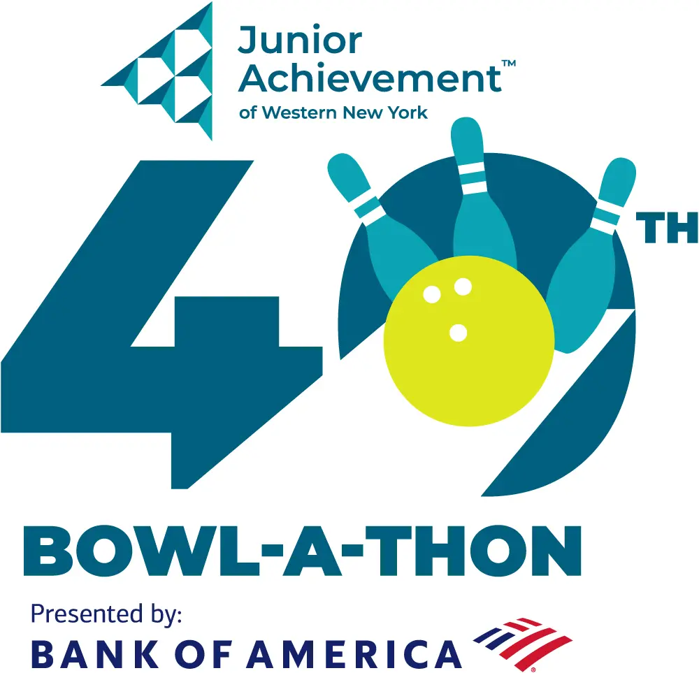 Bowl-a-Thon Logo featuring Junior Achievement of WNY logo, bowling pins and ball, and Bank of America logo